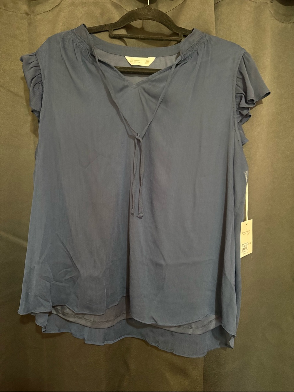 LC Lauren Conrad Slate Blue Tie-Neck Ruffle Sleeve Blouse